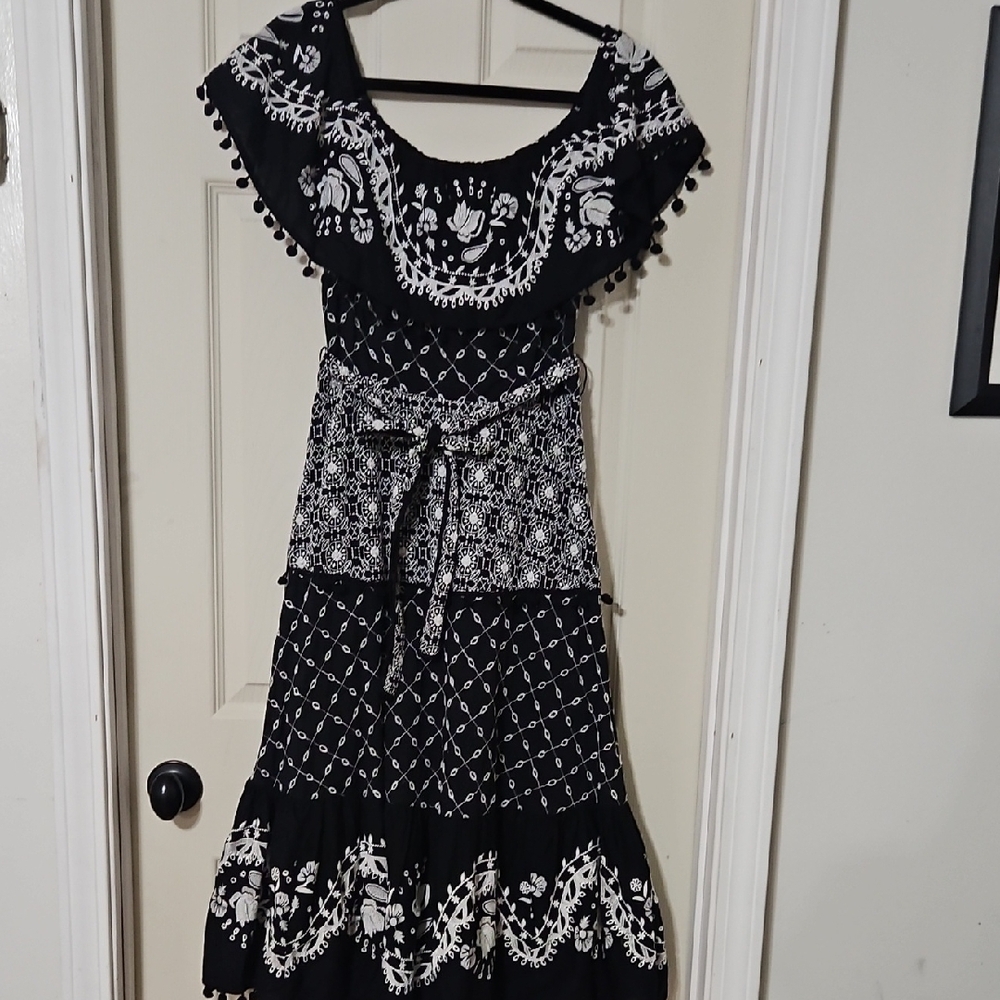 By Anthropologie Black and White Off-the-Shoulder Maxi Dress